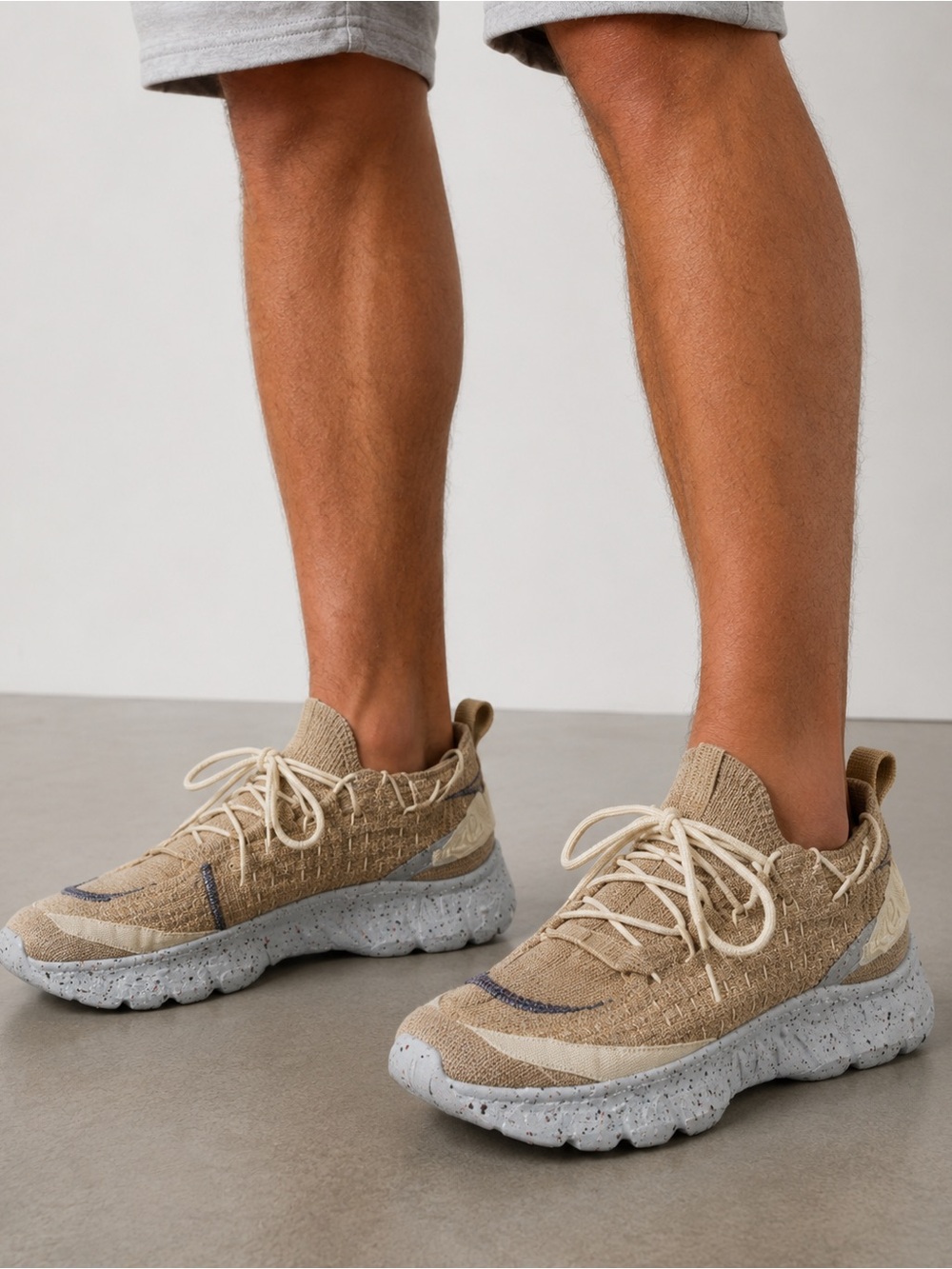 Nike Mens size 11. Space Hippie ~Neutral Tan Knit Sneaker with Blue Stitching